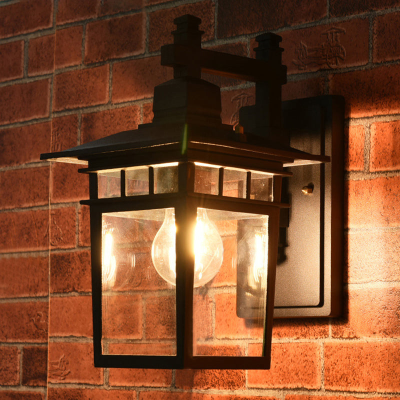 Lantern Clear Glass Wall Hanging Light Industrial Single Bulb Porch Sconce Lamp in Black Clearhalo 'Cast Iron' 'Glass' 'Industrial wall lights' 'Industrial' 'Middle century wall lights' 'Modern' 'Tiffany' 'Traditional wall lights' 'Wall Lamps & Sconces' 'Wall Lights' Lighting' 165098