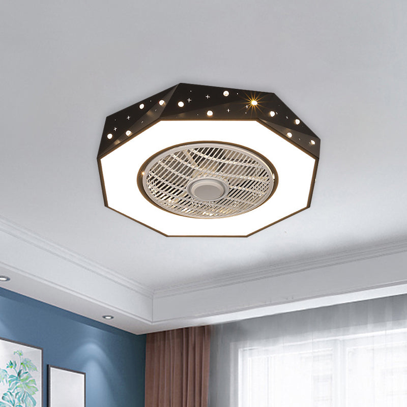 Octagonal LED Semi Flush Mount Lighting Simple Metallic White/Black/Pink Ceiling Fan Light for Kids Bedroom, 21.5" Wide Clearhalo 'Ceiling Fans with Lights' 'Ceiling Fans' 'Kids Ceiling Fans' 'Kids' Lighting' 1650981