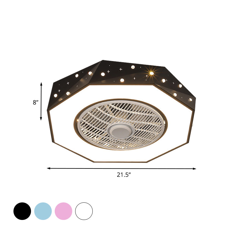 Octagonal LED Semi Flush Mount Lighting Simple Metallic White/Black/Pink Ceiling Fan Light for Kids Bedroom, 21.5" Wide Clearhalo 'Ceiling Fans with Lights' 'Ceiling Fans' 'Kids Ceiling Fans' 'Kids' Lighting' 1650984