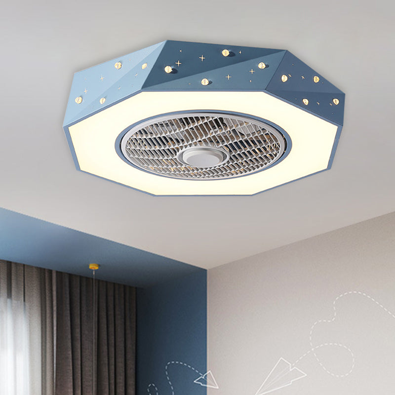 Octagonal LED Semi Flush Mount Lighting Simple Metallic White/Black/Pink Ceiling Fan Light for Kids Bedroom, 21.5" Wide Blue Clearhalo 'Ceiling Fans with Lights' 'Ceiling Fans' 'Kids Ceiling Fans' 'Kids' Lighting' 1650985