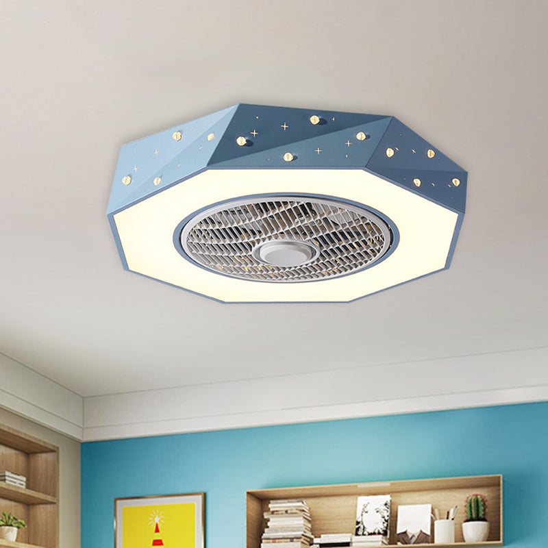 Octagonal LED Semi Flush Mount Lighting Simple Metallic White/Black/Pink Ceiling Fan Light for Kids Bedroom, 21.5" Wide Clearhalo 'Ceiling Fans with Lights' 'Ceiling Fans' 'Kids Ceiling Fans' 'Kids' Lighting' 1650986