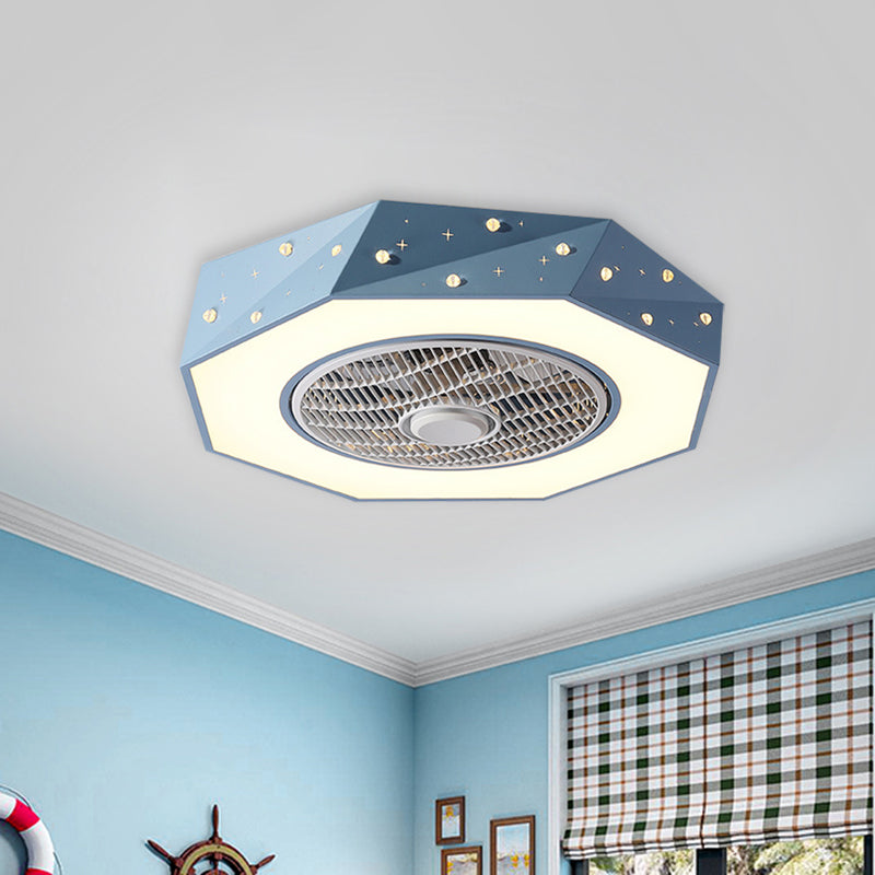 Octagonal LED Semi Flush Mount Lighting Simple Metallic White/Black/Pink Ceiling Fan Light for Kids Bedroom, 21.5" Wide Clearhalo 'Ceiling Fans with Lights' 'Ceiling Fans' 'Kids Ceiling Fans' 'Kids' Lighting' 1650987