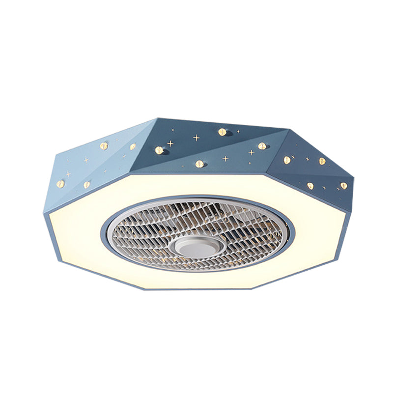 Octagonal LED Semi Flush Mount Lighting Simple Metallic White/Black/Pink Ceiling Fan Light for Kids Bedroom, 21.5" Wide Clearhalo 'Ceiling Fans with Lights' 'Ceiling Fans' 'Kids Ceiling Fans' 'Kids' Lighting' 1650988