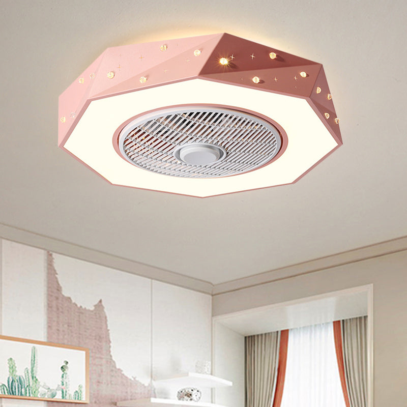 Octagonal LED Semi Flush Mount Lighting Simple Metallic White/Black/Pink Ceiling Fan Light for Kids Bedroom, 21.5" Wide Pink Clearhalo 'Ceiling Fans with Lights' 'Ceiling Fans' 'Kids Ceiling Fans' 'Kids' Lighting' 1650989