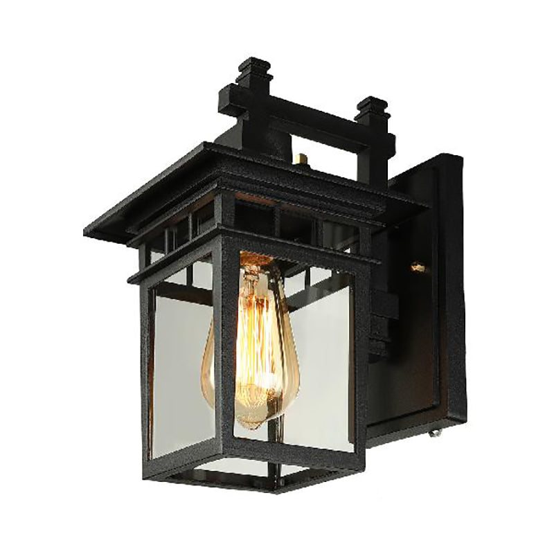 Lantern Clear Glass Wall Hanging Light Industrial Single Bulb Porch Sconce Lamp in Black Clearhalo 'Cast Iron' 'Glass' 'Industrial wall lights' 'Industrial' 'Middle century wall lights' 'Modern' 'Tiffany' 'Traditional wall lights' 'Wall Lamps & Sconces' 'Wall Lights' Lighting' 165099