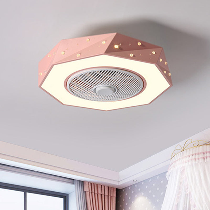 Octagonal LED Semi Flush Mount Lighting Simple Metallic White/Black/Pink Ceiling Fan Light for Kids Bedroom, 21.5" Wide Clearhalo 'Ceiling Fans with Lights' 'Ceiling Fans' 'Kids Ceiling Fans' 'Kids' Lighting' 1650990