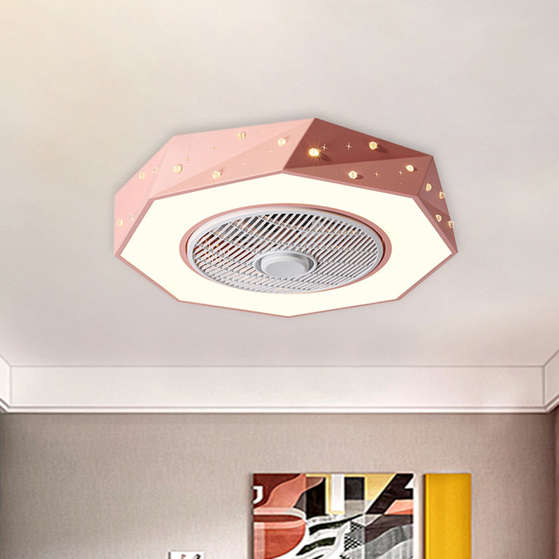 Octagonal LED Semi Flush Mount Lighting Simple Metallic White/Black/Pink Ceiling Fan Light for Kids Bedroom, 21.5" Wide Clearhalo 'Ceiling Fans with Lights' 'Ceiling Fans' 'Kids Ceiling Fans' 'Kids' Lighting' 1650991