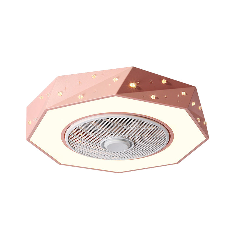 Octagonal LED Semi Flush Mount Lighting Simple Metallic White/Black/Pink Ceiling Fan Light for Kids Bedroom, 21.5" Wide Clearhalo 'Ceiling Fans with Lights' 'Ceiling Fans' 'Kids Ceiling Fans' 'Kids' Lighting' 1650992