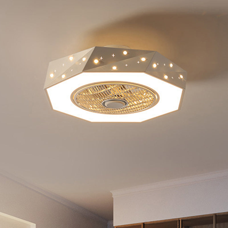 Octagonal LED Semi Flush Mount Lighting Simple Metallic White/Black/Pink Ceiling Fan Light for Kids Bedroom, 21.5" Wide Clearhalo 'Ceiling Fans with Lights' 'Ceiling Fans' 'Kids Ceiling Fans' 'Kids' Lighting' 1650994