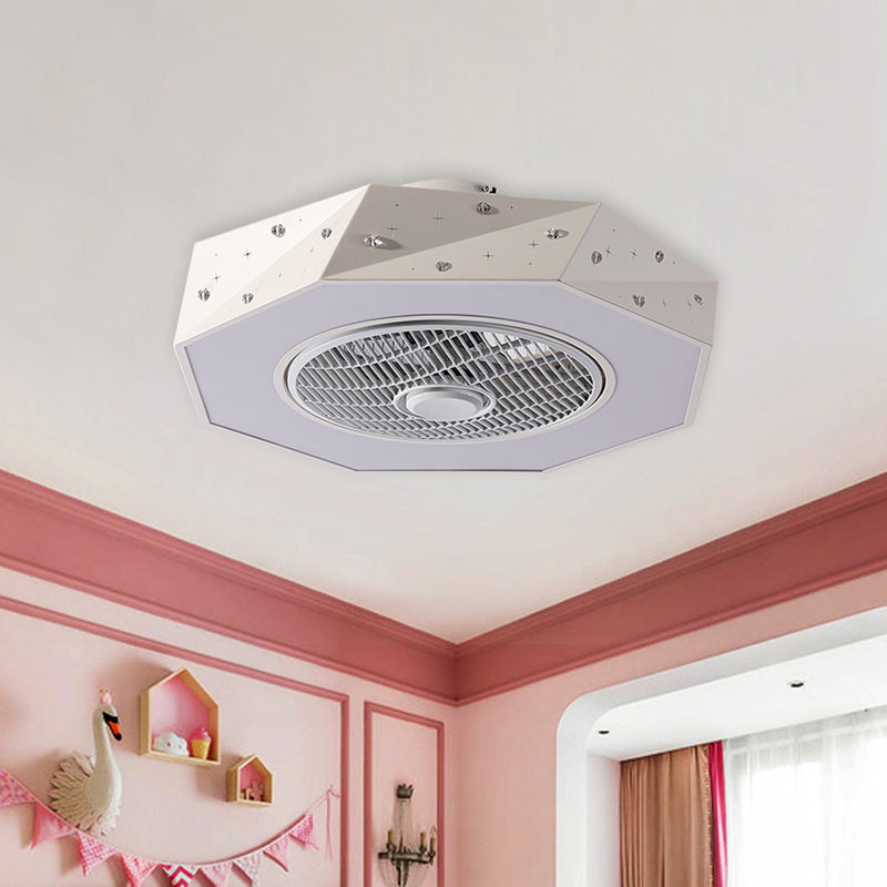 Octagonal LED Semi Flush Mount Lighting Simple Metallic White/Black/Pink Ceiling Fan Light for Kids Bedroom, 21.5" Wide Clearhalo 'Ceiling Fans with Lights' 'Ceiling Fans' 'Kids Ceiling Fans' 'Kids' Lighting' 1650995