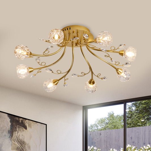 Gold Spherical Ceiling Light Simple Style 8 Bulbs Crystal Prisms Semi Mount Lighting with Scroll Arm Clearhalo 'Ceiling Lights' 'Close To Ceiling Lights' 'Close to ceiling' 'Semi-flushmount' Lighting' 1650998