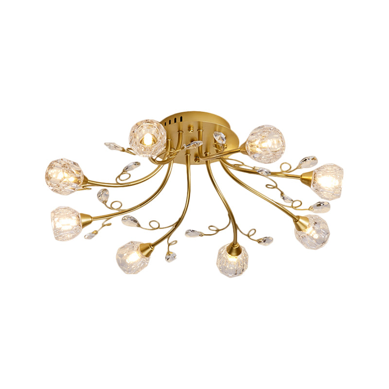 Gold Spherical Ceiling Light Simple Style 8 Bulbs Crystal Prisms Semi Mount Lighting with Scroll Arm Clearhalo 'Ceiling Lights' 'Close To Ceiling Lights' 'Close to ceiling' 'Semi-flushmount' Lighting' 1650999