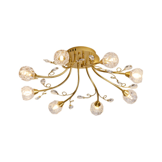 Gold Spherical Ceiling Light Simple Style 8 Bulbs Crystal Prisms Semi Mount Lighting with Scroll Arm Clearhalo 'Ceiling Lights' 'Close To Ceiling Lights' 'Close to ceiling' 'Semi-flushmount' Lighting' 1650999