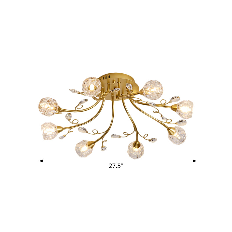 Gold Spherical Ceiling Light Simple Style 8 Bulbs Crystal Prisms Semi Mount Lighting with Scroll Arm Clearhalo 'Ceiling Lights' 'Close To Ceiling Lights' 'Close to ceiling' 'Semi-flushmount' Lighting' 1651000
