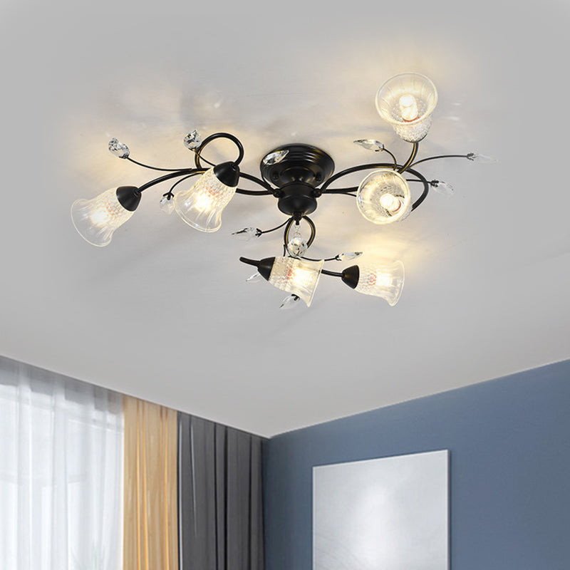 Clear Crystal Flared Ceiling Flush Minimalist 6-Head Black/Gold Semi Flush Mount Light with Curved Arm Clearhalo 'Ceiling Lights' 'Close To Ceiling Lights' 'Close to ceiling' 'Semi-flushmount' Lighting' 1651035
