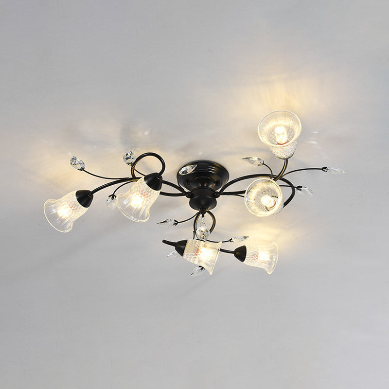 Clear Crystal Flared Ceiling Flush Minimalist 6-Head Black/Gold Semi Flush Mount Light with Curved Arm Clearhalo 'Ceiling Lights' 'Close To Ceiling Lights' 'Close to ceiling' 'Semi-flushmount' Lighting' 1651036