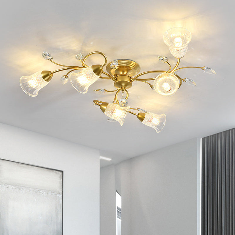 Clear Crystal Flared Ceiling Flush Minimalist 6-Head Black/Gold Semi Flush Mount Light with Curved Arm Gold Clearhalo 'Ceiling Lights' 'Close To Ceiling Lights' 'Close to ceiling' 'Semi-flushmount' Lighting' 1651038