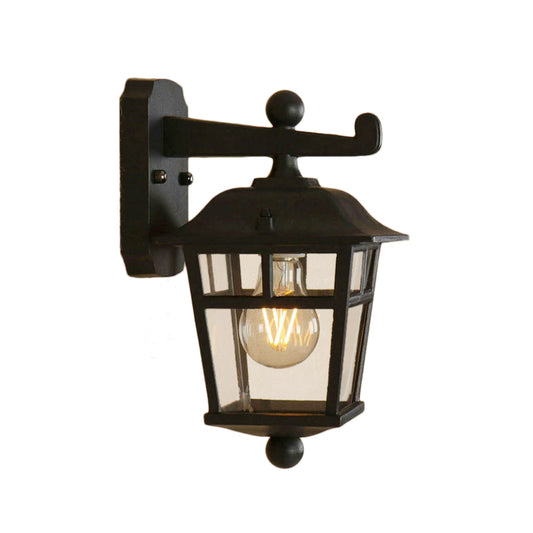 Lantern Clear Glass Wall Hanging Light Industrial Single Bulb Porch Sconce Lamp in Black Clearhalo 'Cast Iron' 'Glass' 'Industrial wall lights' 'Industrial' 'Middle century wall lights' 'Modern' 'Tiffany' 'Traditional wall lights' 'Wall Lamps & Sconces' 'Wall Lights' Lighting' 165103