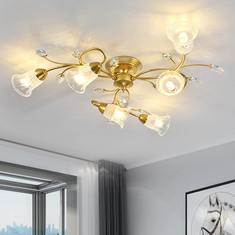 Clear Crystal Flared Ceiling Flush Minimalist 6-Head Black/Gold Semi Flush Mount Light with Curved Arm Clearhalo 'Ceiling Lights' 'Close To Ceiling Lights' 'Close to ceiling' 'Semi-flushmount' Lighting' 1651040