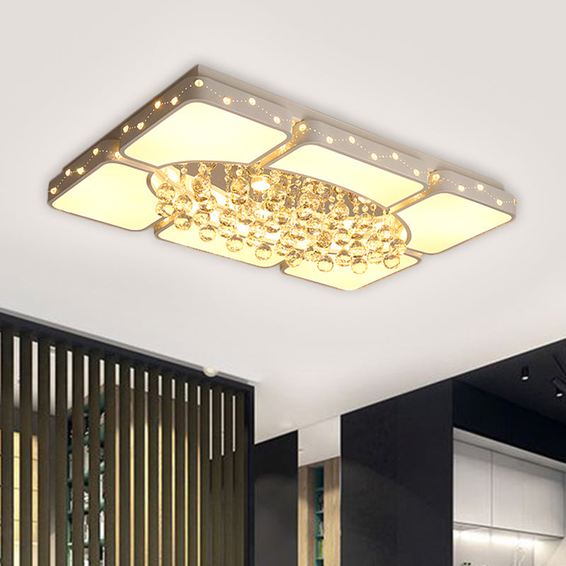 Oblong Metal Flush Mount Light Fixture Minimalist LED White Ceiling Lighting with Dangling Crystal
