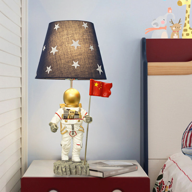 Conical Bedroom Table Light Fabric 1-Light Cartoon Reading Lamp with Astronaut Deco in Blue Blue Clearhalo 'Lamps' 'Table Lamps' Lighting' 1651058