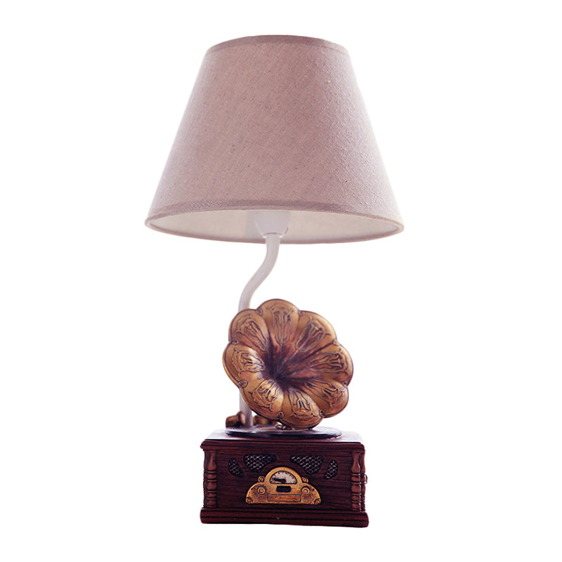 Modern Conical Table Light Fabric 1 Light Study Room Reading Lamp with Phonograph Base in Brown Clearhalo 'Lamps' 'Table Lamps' Lighting' 1651064