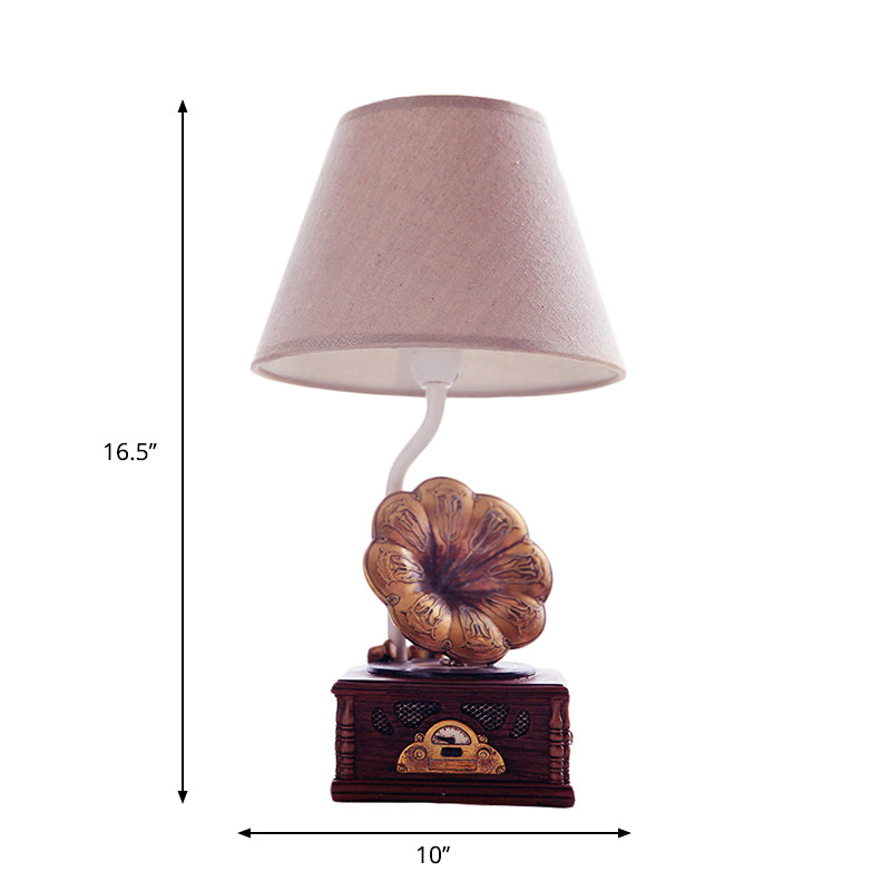 Modern Conical Table Light Fabric 1 Light Study Room Reading Lamp with Phonograph Base in Brown Clearhalo 'Lamps' 'Table Lamps' Lighting' 1651065