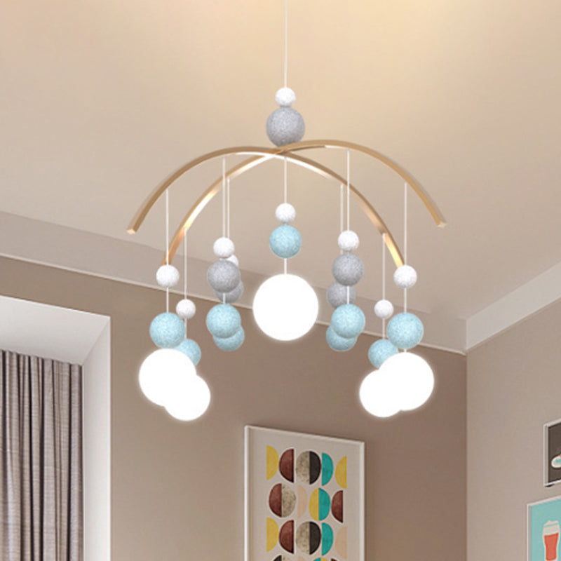 Globe Chandelier Light Cartoon White Glass 5-Bulb Pink/Blue Hanging Pendant with Small Ball Decor Clearhalo 'Ceiling Lights' 'Chandeliers' Lighting' options 1651093