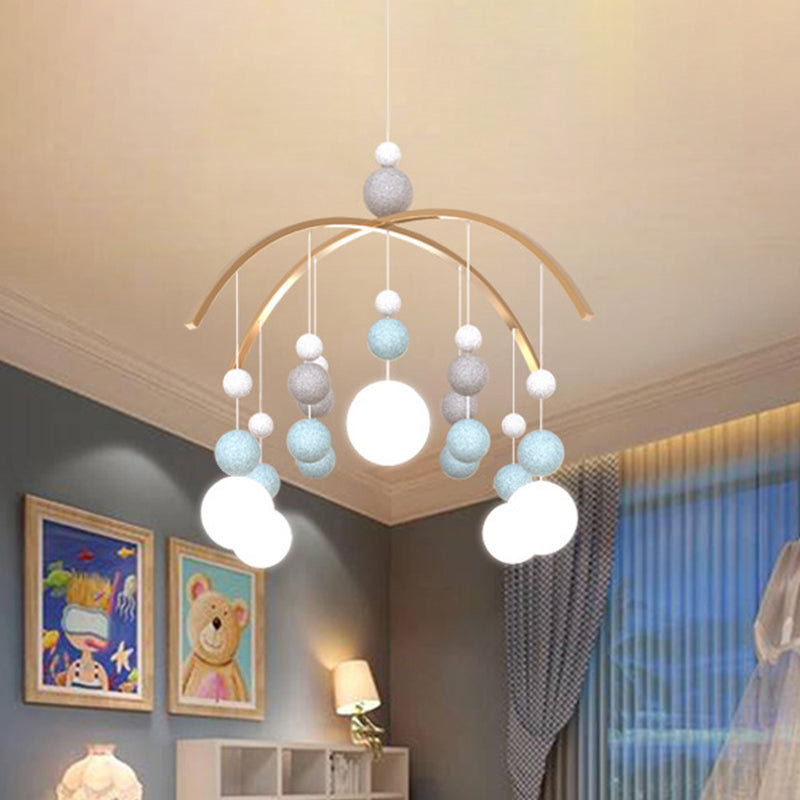 Globe Chandelier Light Cartoon White Glass 5-Bulb Pink/Blue Hanging Pendant with Small Ball Decor Clearhalo 'Ceiling Lights' 'Chandeliers' Lighting' options 1651094