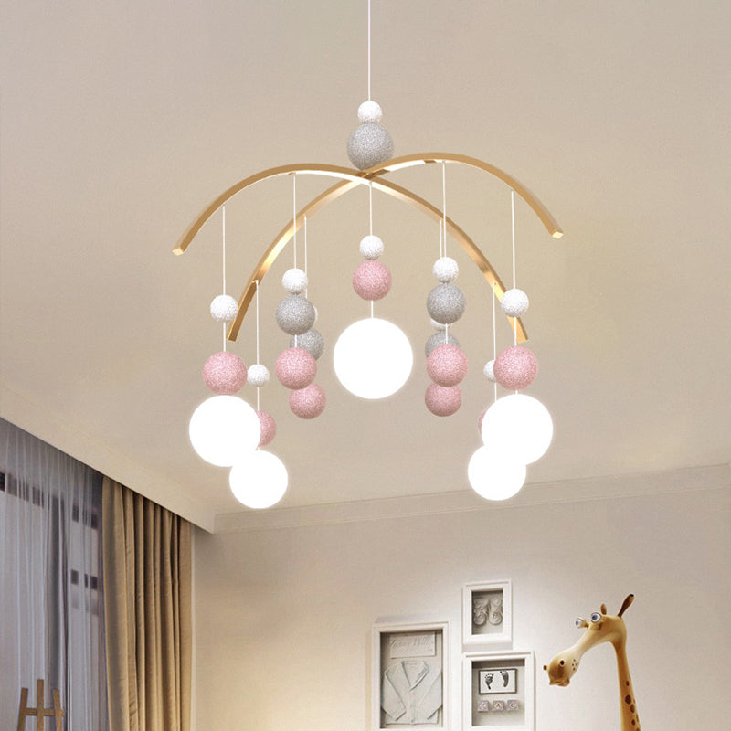 Globe Chandelier Light Cartoon White Glass 5-Bulb Pink/Blue Hanging Pendant with Small Ball Decor Clearhalo 'Ceiling Lights' 'Chandeliers' Lighting' options 1651098