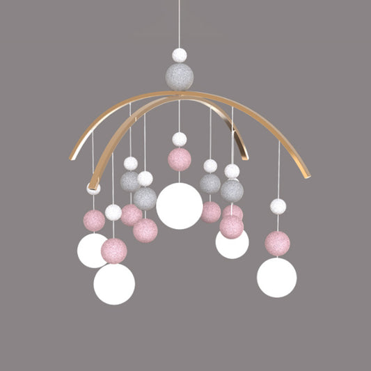 Globe Chandelier Light Cartoon White Glass 5-Bulb Pink/Blue Hanging Pendant with Small Ball Decor Clearhalo 'Ceiling Lights' 'Chandeliers' Lighting' options 1651099