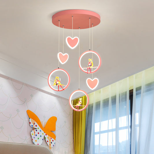 Kids 3 Lights Hanging Lamp with Acrylic Shade Pink/Blue Loving Heart and Ring Chandelier Lighting Clearhalo 'Ceiling Lights' 'Pendant Lights' 'Pendants' Lighting' 1651102