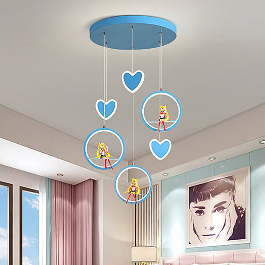 Kids 3 Lights Hanging Lamp with Acrylic Shade Pink/Blue Loving Heart and Ring Chandelier Lighting Clearhalo 'Ceiling Lights' 'Pendant Lights' 'Pendants' Lighting' 1651105