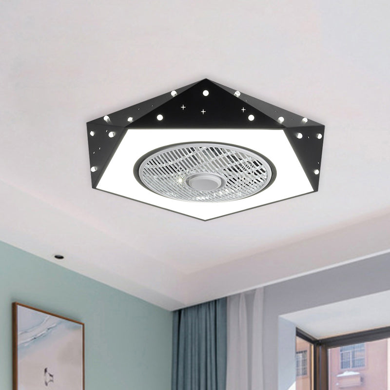 21.5" Wide Pentagonal LED Ceiling Fan Lamp Metal White/Black/Blue Semi Flush Mounted Light for Children Room Clearhalo 'Ceiling Fans with Lights' 'Ceiling Fans' 'Kids Ceiling Fans' 'Kids' Lighting' 1651200