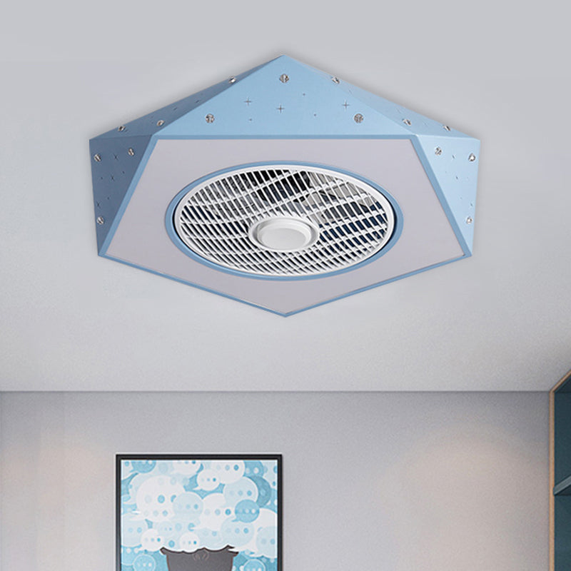 21.5" Wide Pentagonal LED Ceiling Fan Lamp Metal White/Black/Blue Semi Flush Mounted Light for Children Room Blue Clearhalo 'Ceiling Fans with Lights' 'Ceiling Fans' 'Kids Ceiling Fans' 'Kids' Lighting' 1651204