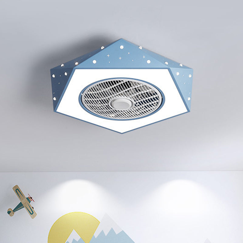 21.5" Wide Pentagonal LED Ceiling Fan Lamp Metal White/Black/Blue Semi Flush Mounted Light for Children Room Clearhalo 'Ceiling Fans with Lights' 'Ceiling Fans' 'Kids Ceiling Fans' 'Kids' Lighting' 1651205