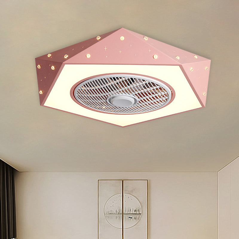 21.5" Wide Pentagonal LED Ceiling Fan Lamp Metal White/Black/Blue Semi Flush Mounted Light for Children Room Pink Clearhalo 'Ceiling Fans with Lights' 'Ceiling Fans' 'Kids Ceiling Fans' 'Kids' Lighting' 1651208