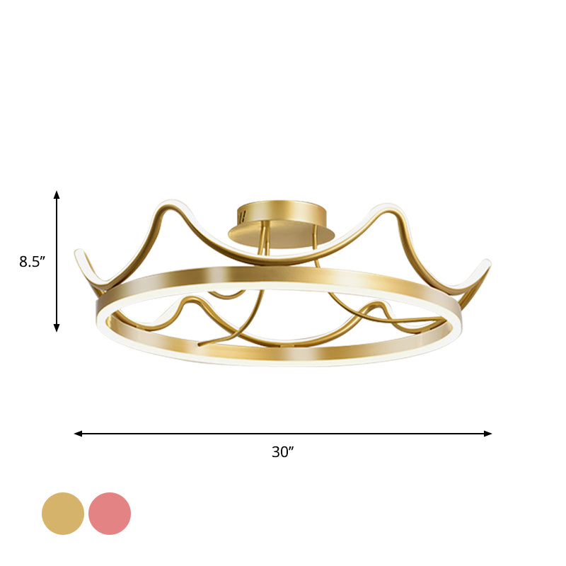 Metal Crown Flush Mount Light Kids LED Close to Ceiling Lamp with Round Canopy in Pink/Gold - Clearhalo - 'Ceiling Lights' - 'Close To Ceiling Lights' - 'Close to ceiling' - 'Flush mount' - Lighting' - 1651249