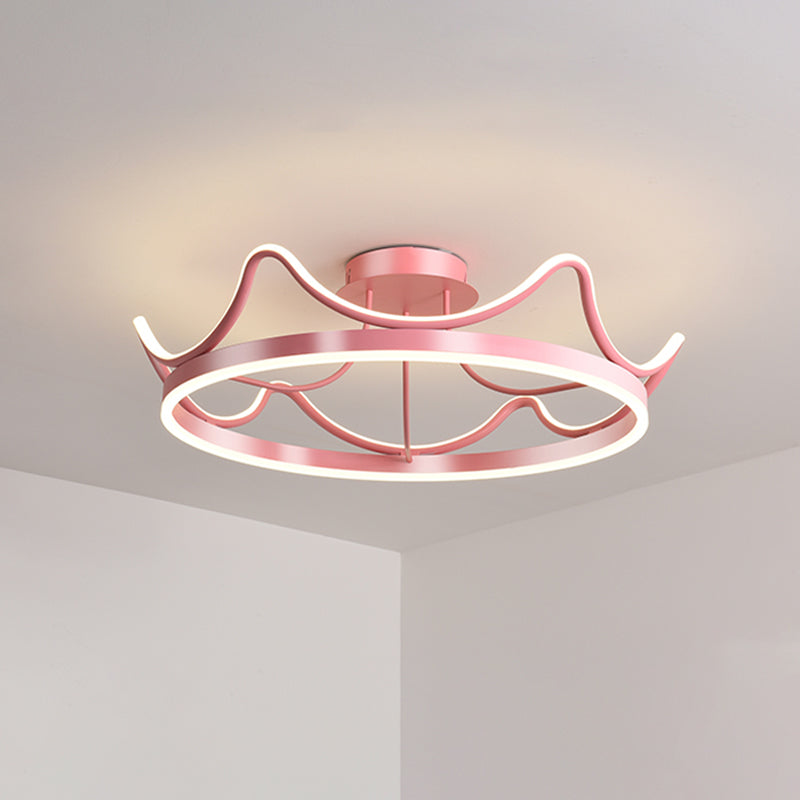 Metal Crown Flush Mount Light Kids LED Close to Ceiling Lamp with Round Canopy in Pink/Gold - Clearhalo - 'Ceiling Lights' - 'Close To Ceiling Lights' - 'Close to ceiling' - 'Flush mount' - Lighting' - 1651252