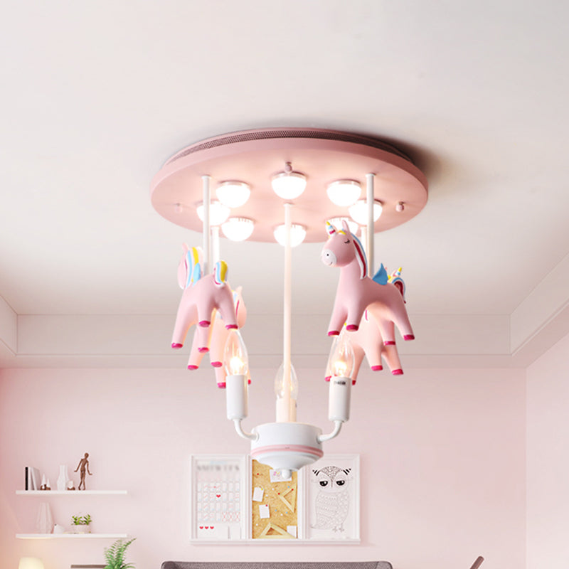 Rainbow Unicorn Resin Semi Flush Kids 3 Bulbs Pink Flush Ceiling Light with Candle Design - Pink - Clearhalo - 'Ceiling Lights' - 'Close To Ceiling Lights' - 'Close to ceiling' - 'Semi-flushmount' - Lighting' - 1651258