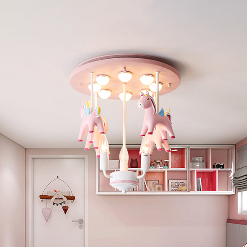 Rainbow Unicorn Resin Semi Flush Kids 3 Bulbs Pink Flush Ceiling Light with Candle Design - Clearhalo - 'Ceiling Lights' - 'Close To Ceiling Lights' - 'Close to ceiling' - 'Semi-flushmount' - Lighting' - 1651259