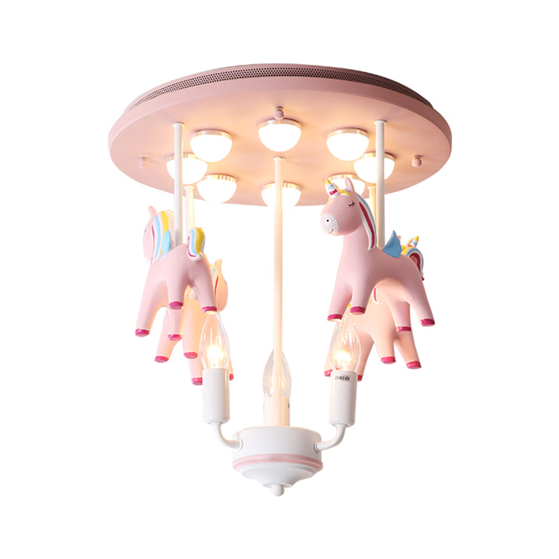 Rainbow Unicorn Resin Semi Flush Kids 3 Bulbs Pink Flush Ceiling Light with Candle Design - Clearhalo - 'Ceiling Lights' - 'Close To Ceiling Lights' - 'Close to ceiling' - 'Semi-flushmount' - Lighting' - 1651260