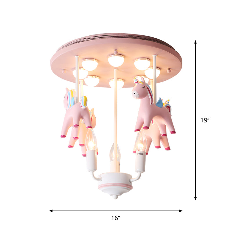 Rainbow Unicorn Resin Semi Flush Kids 3 Bulbs Pink Flush Ceiling Light with Candle Design - Clearhalo - 'Ceiling Lights' - 'Close To Ceiling Lights' - 'Close to ceiling' - 'Semi-flushmount' - Lighting' - 1651261