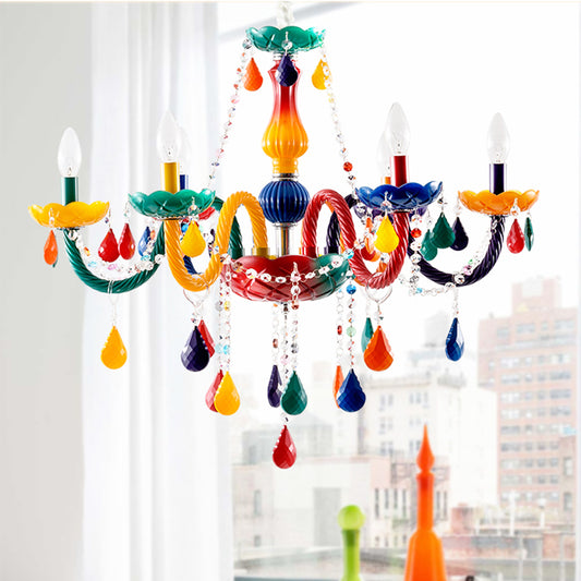 Clear Crystal Candle Pendant Chandelier Kids 6 Bulbs Red and Yellow Hanging Lamp with Adjustable Chain Clearhalo 'Ceiling Lights' 'Chandeliers' Lighting' options 1651262