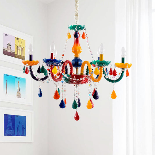 Clear Crystal Candle Pendant Chandelier Kids 6 Bulbs Red and Yellow Hanging Lamp with Adjustable Chain Clearhalo 'Ceiling Lights' 'Chandeliers' Lighting' options 1651263