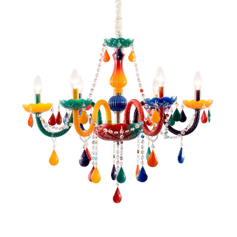 Clear Crystal Candle Pendant Chandelier Kids 6 Bulbs Red and Yellow Hanging Lamp with Adjustable Chain Clearhalo 'Ceiling Lights' 'Chandeliers' Lighting' options 1651264