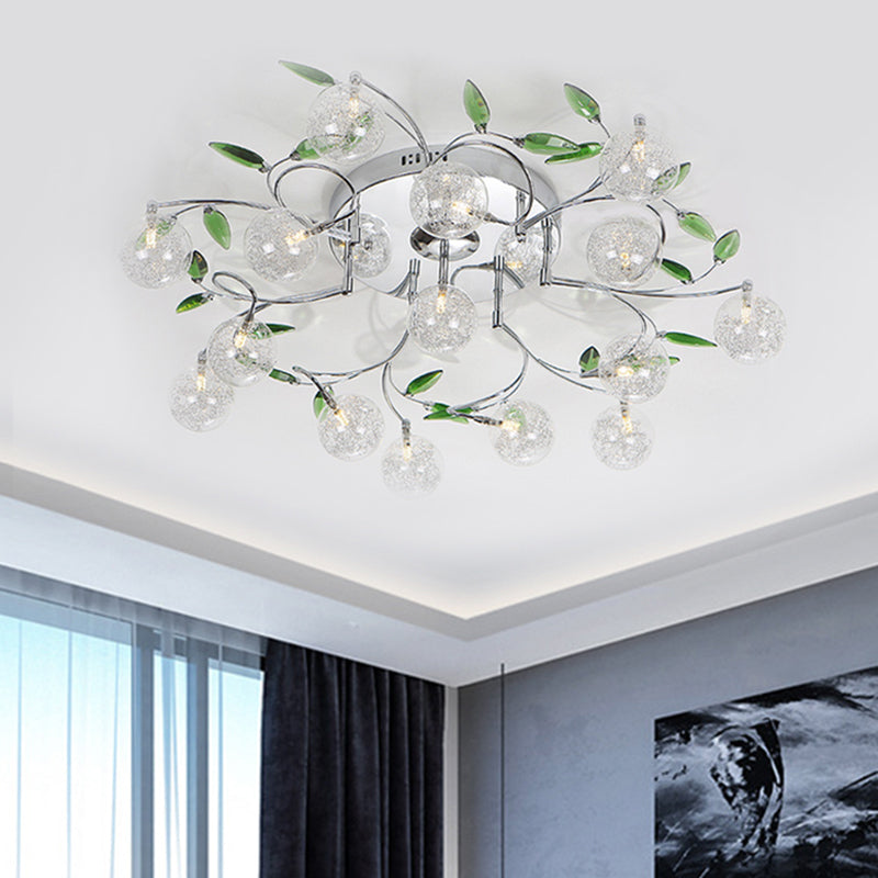 Leave Drawing Room Semi Mount Lighting Green Crystal 15 Lights Modern Ceiling Flush with Clear Glass Shade in Chrome - Chrome - Clearhalo - 'Ceiling Lights' - 'Close To Ceiling Lights' - 'Close to ceiling' - 'Semi-flushmount' - Lighting' - 1651278