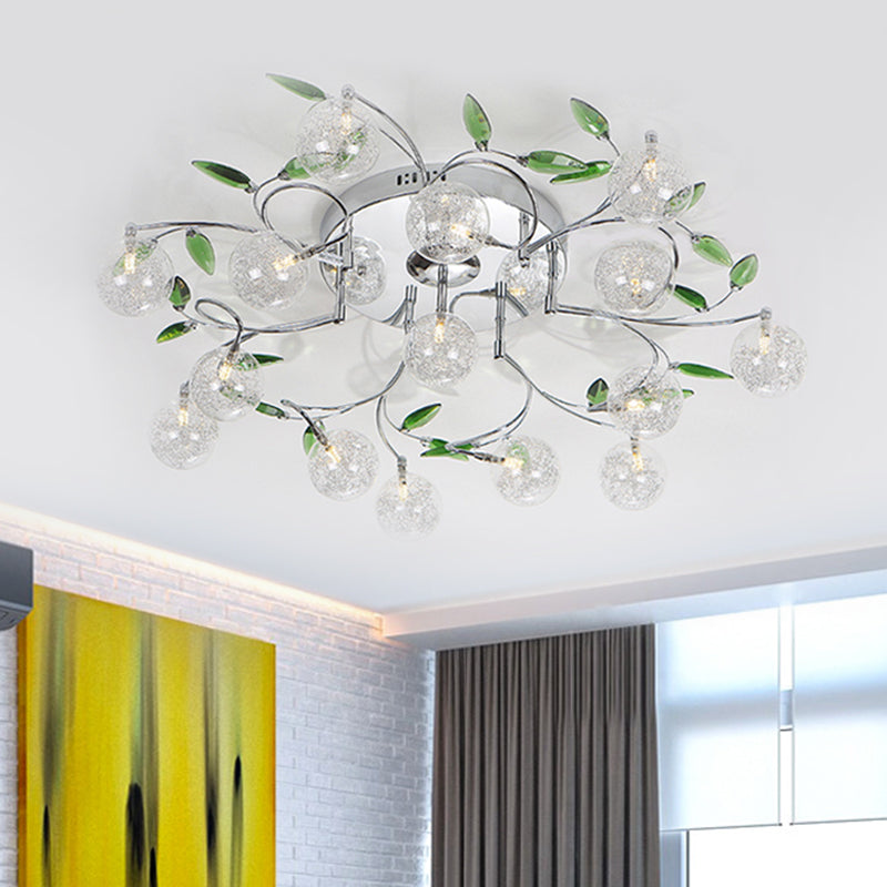 Leave Drawing Room Semi Mount Lighting Green Crystal 15 Lights Modern Ceiling Flush with Clear Glass Shade in Chrome - Clearhalo - 'Ceiling Lights' - 'Close To Ceiling Lights' - 'Close to ceiling' - 'Semi-flushmount' - Lighting' - 1651279