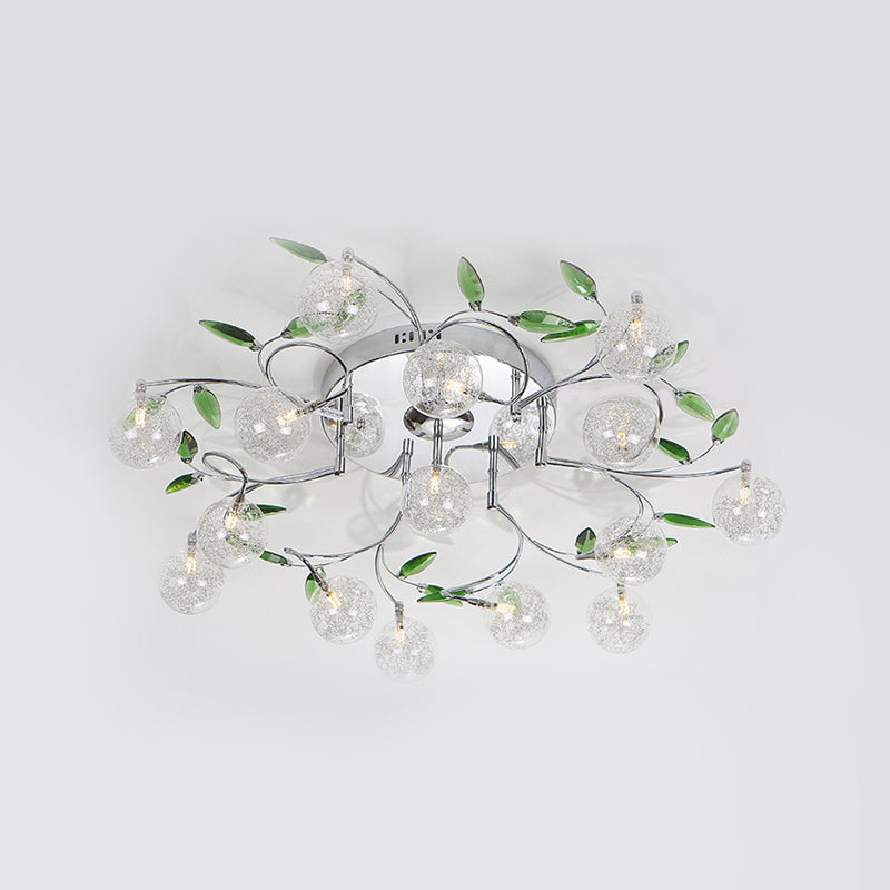 Leave Drawing Room Semi Mount Lighting Green Crystal 15 Lights Modern Ceiling Flush with Clear Glass Shade in Chrome - Clearhalo - 'Ceiling Lights' - 'Close To Ceiling Lights' - 'Close to ceiling' - 'Semi-flushmount' - Lighting' - 1651280