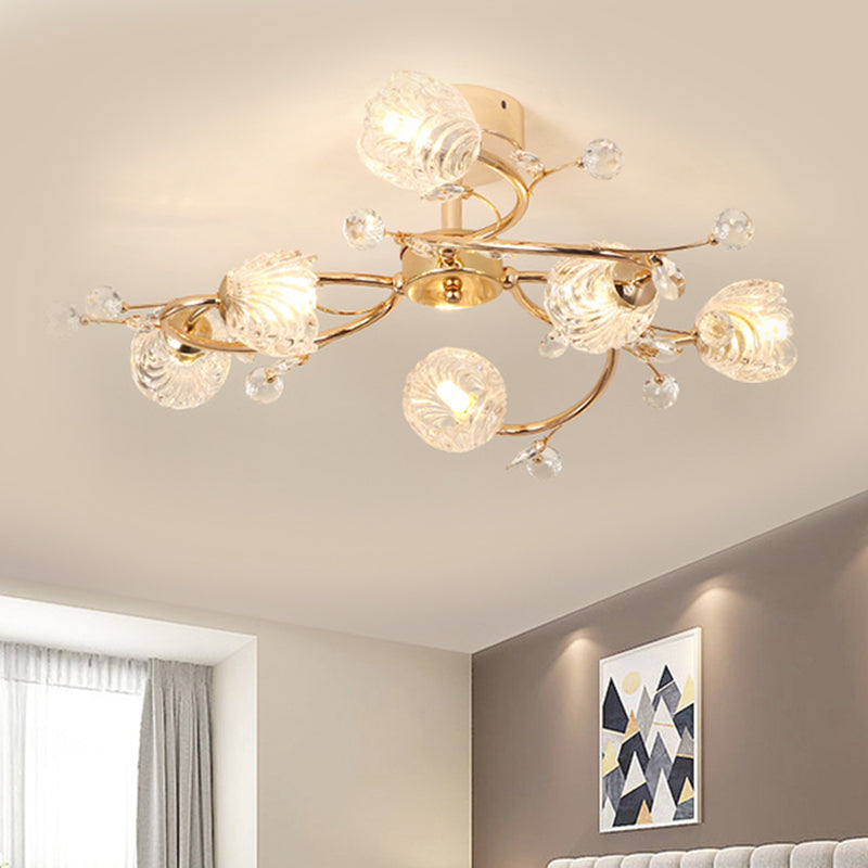 6-Head Bedroom Semi Flush Light Fixture Minimalism Gold Ceiling Lighting with Bloom Clear Crystal Shade Gold Clearhalo 'Ceiling Lights' 'Close To Ceiling Lights' 'Close to ceiling' 'Semi-flushmount' Lighting' 1651282